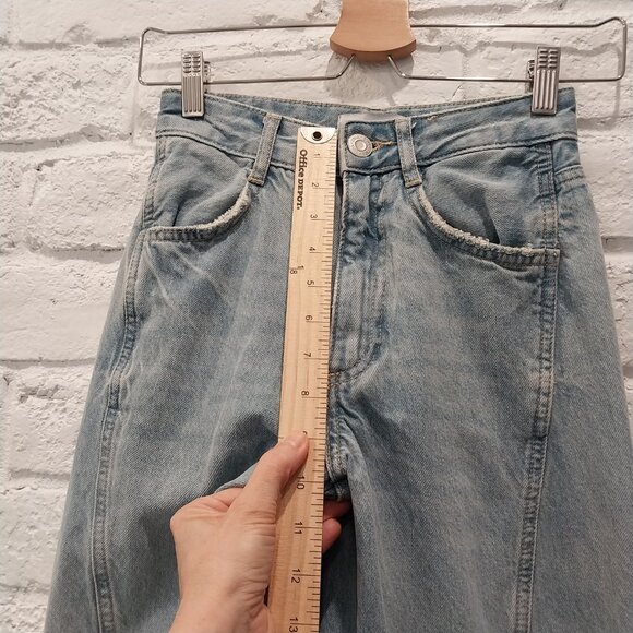 ZARA Jeans 00 Blue Faded Whiskers Wide Leg Tall High Waist 23 Cargo Teen - Picture 4 of 11